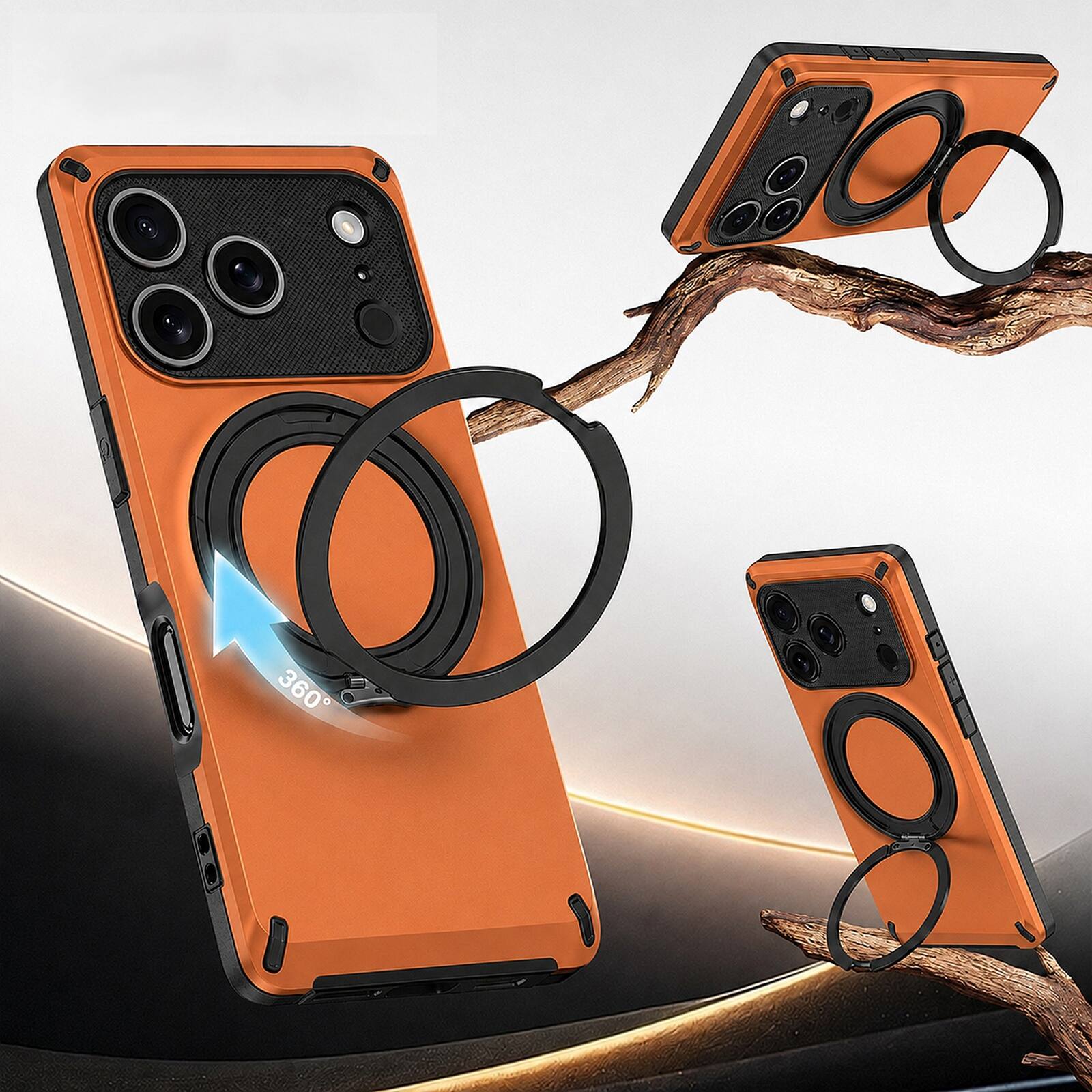 Back. UUCOVER - Magnetic Case for iPhone 17 Pro Max 360° Rotating Ring Stand Compatible with MagSafe Shockproof PC+TPU Protective Cover - Orange.