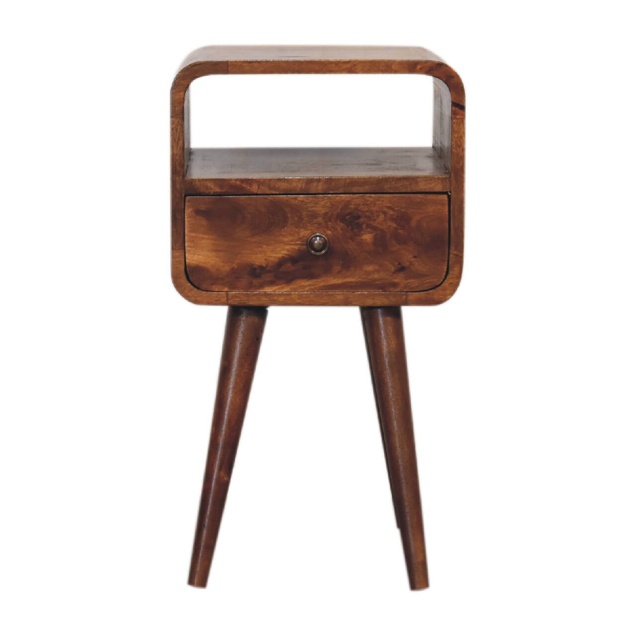 Artisan Furniture - Solid Wood Mini Curve Open Nightstand, 1 Drawer, 1 Open Storage, Nordic legs, Brown - Chestnut