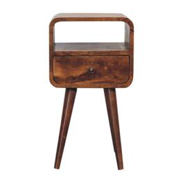 Artisan Furniture - Solid Wood Mini Curve Open Nightstand, 1 Drawer, 1 Open Storage, Nordic legs, Brown - Chestnut