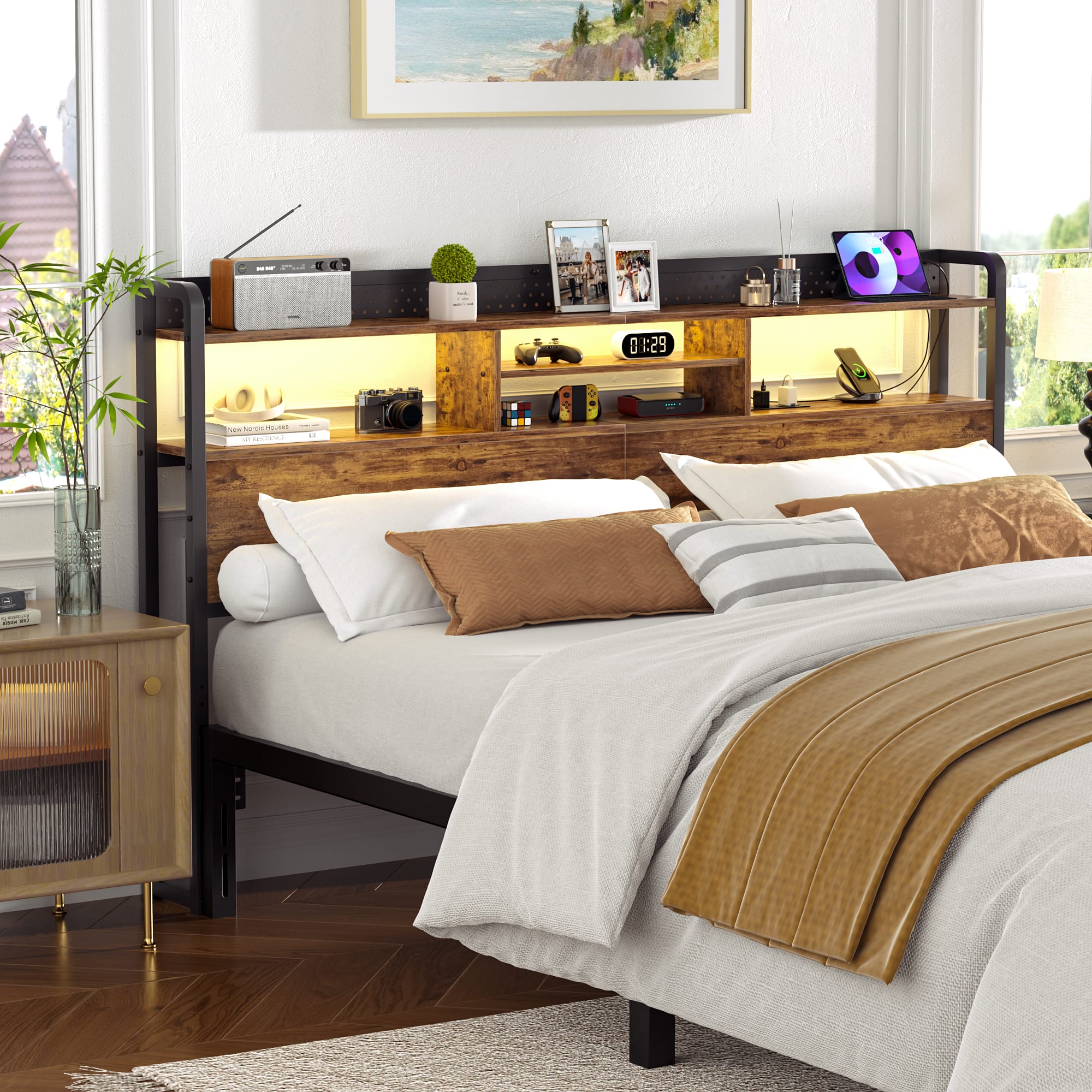 Aheaplus - King Headboard Only, King Size Headboard with Charging Station, RGB LED Light, and Bookcase Storage - Brown