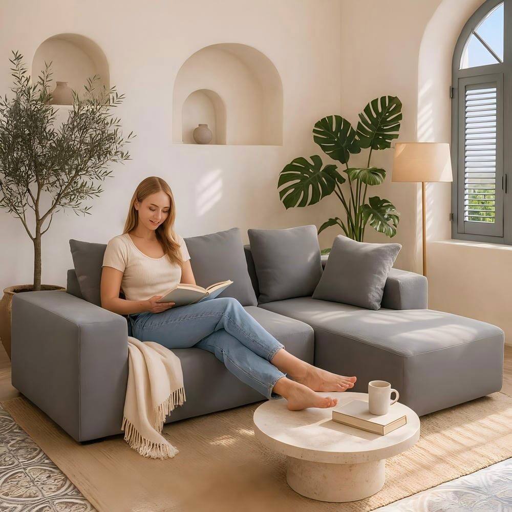 Alt View 1. Kadyn - L-Shaped Full Foam Sectional Sofa, 5 Pillows, Compressed Shipping, Flannelette, Space Saving Design, Gray-Blue - Gray.