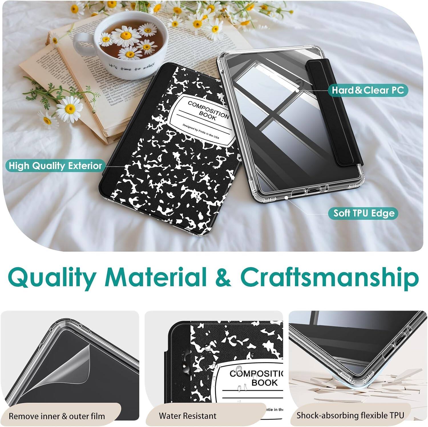 COMPOSITION BOOK  
Designed by - in Me KORA

Hard & Clear PC  
High Quality Exterior  
Soft TPU Edge  
Quality Material & Craftsmanship

Remove inner & outer film  
Water Resistant  
Shock-absorbing flexible TPU
