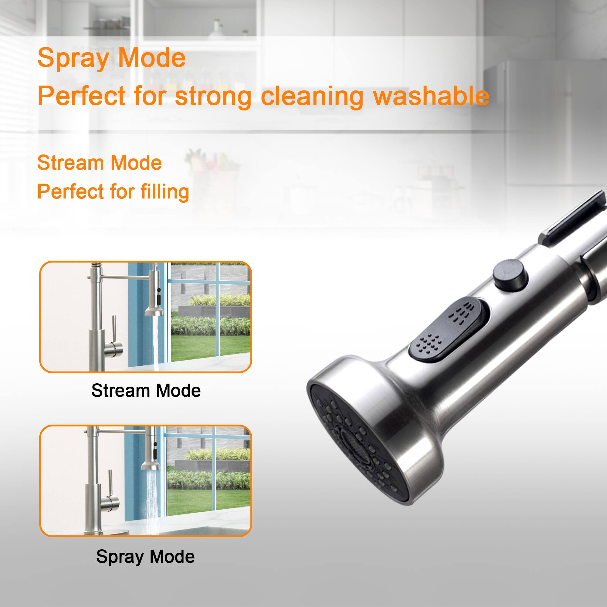 Spray Mode  
Perfect for strong cleaning washable  

Stream Mode  
Perfect for filling  

Stream Mode  

Spray Mode