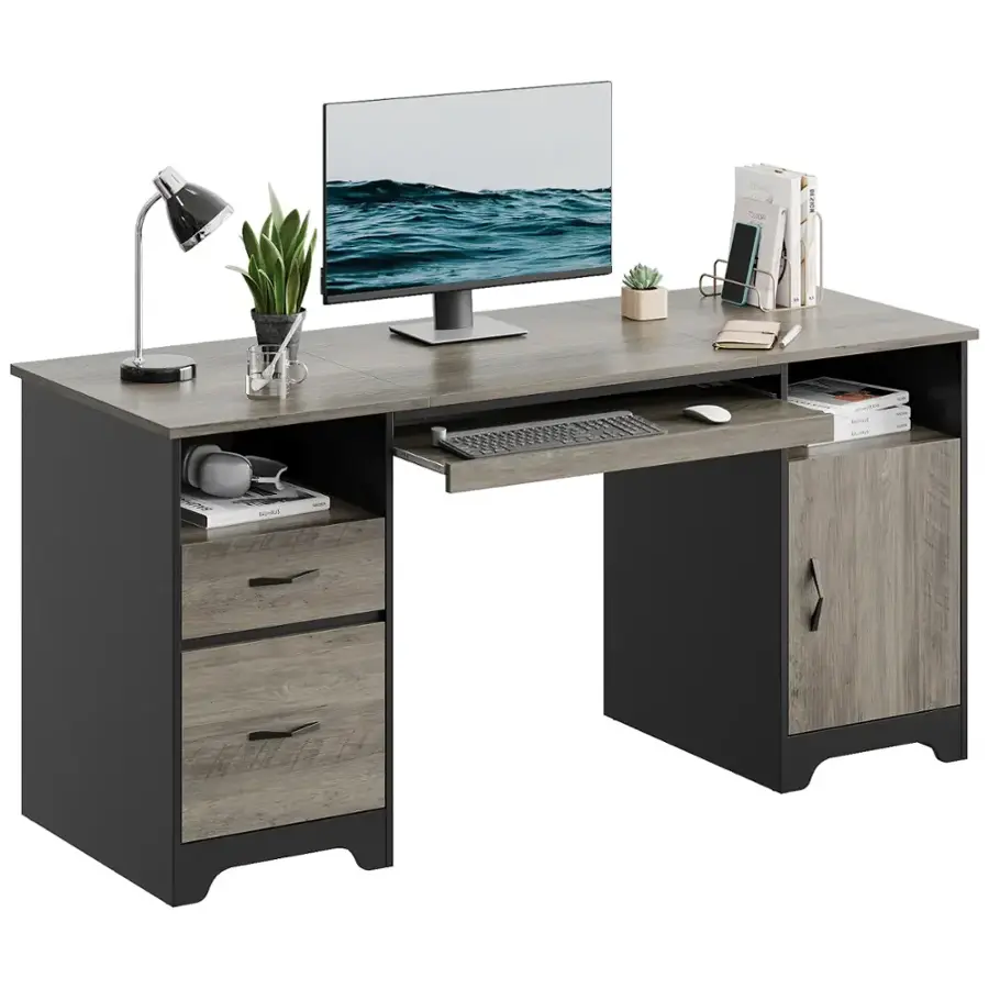 The image features a desk with a computer setup, including a monitor, keyboard, and mouse. There is also a potted plant on the desk, adding a touch of greenery to the workspace. In addition to the computer equipment, there are several books scattered around the desk, possibly for reference or leisure reading. A cell phone can also be seen on the desk, indicating that the user may be multitasking or staying connected while working.