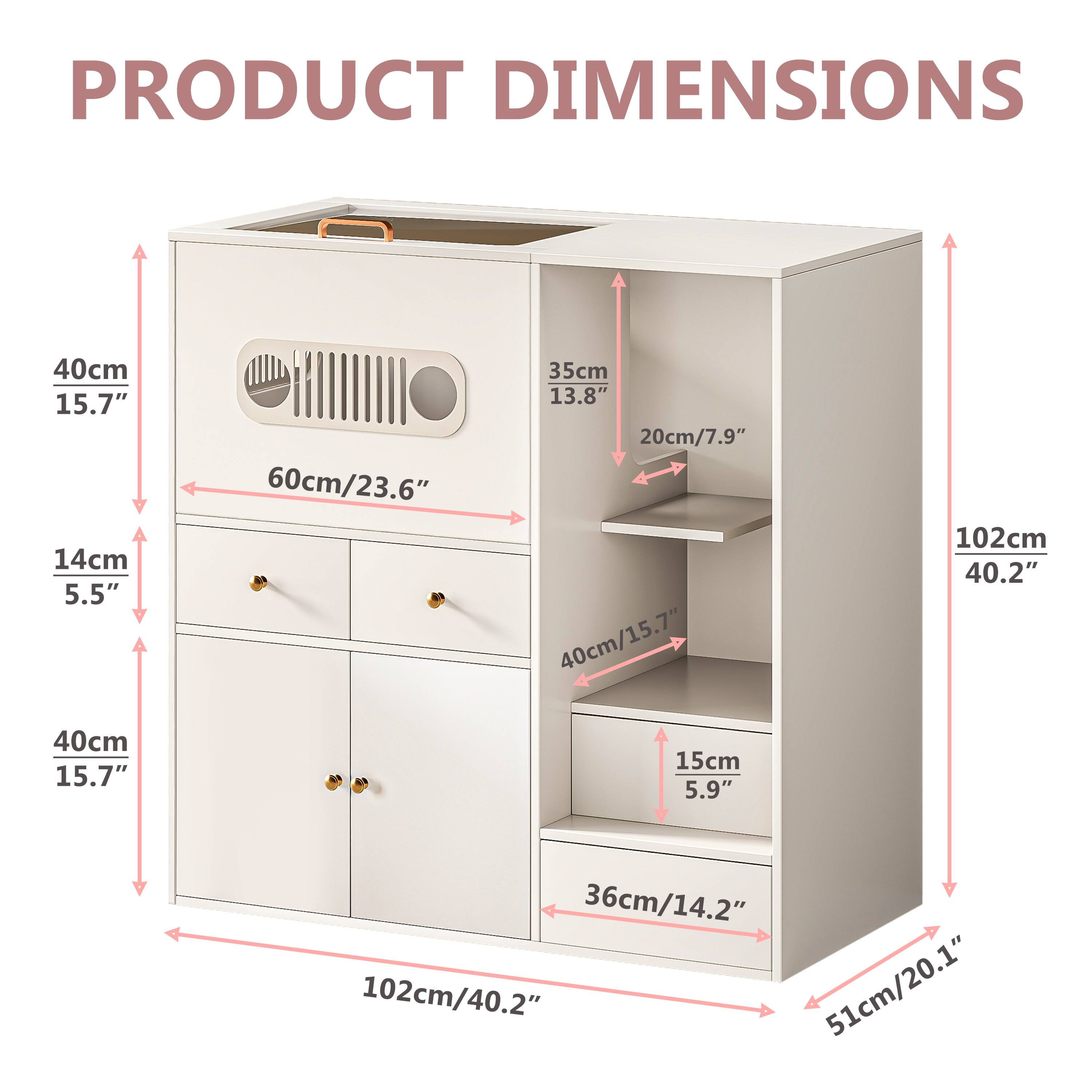PRODUCT DIMENSIONS

- Width: 102cm / 40.2"
- Height: 102cm / 40.2"
- Depth: 51cm / 20.1"

- Top Shelf: 40cm / 15.7" (Width) x 35cm / 13.8" (Depth)
- Middle Shelf: 40cm / 15.7" (Width) x 20cm / 7.9" (Depth)
- Bottom Shelf: 40cm / 15.7" (Width) x 36cm / 14.2" (Depth)

- Drawer: 40cm / 15.7" (Width) x 14cm / 5.5" (Depth)

- Cabinet: 60cm / 23.6" (Width) x 15cm / 5.9" (Depth)