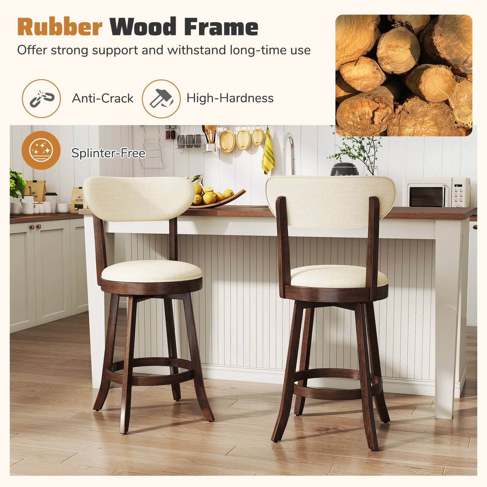 Rubber Wood Frame  
Offer strong support and withstand long-time use  

- Anti-Crack  
- High-Hardness  
- Splinter-Free