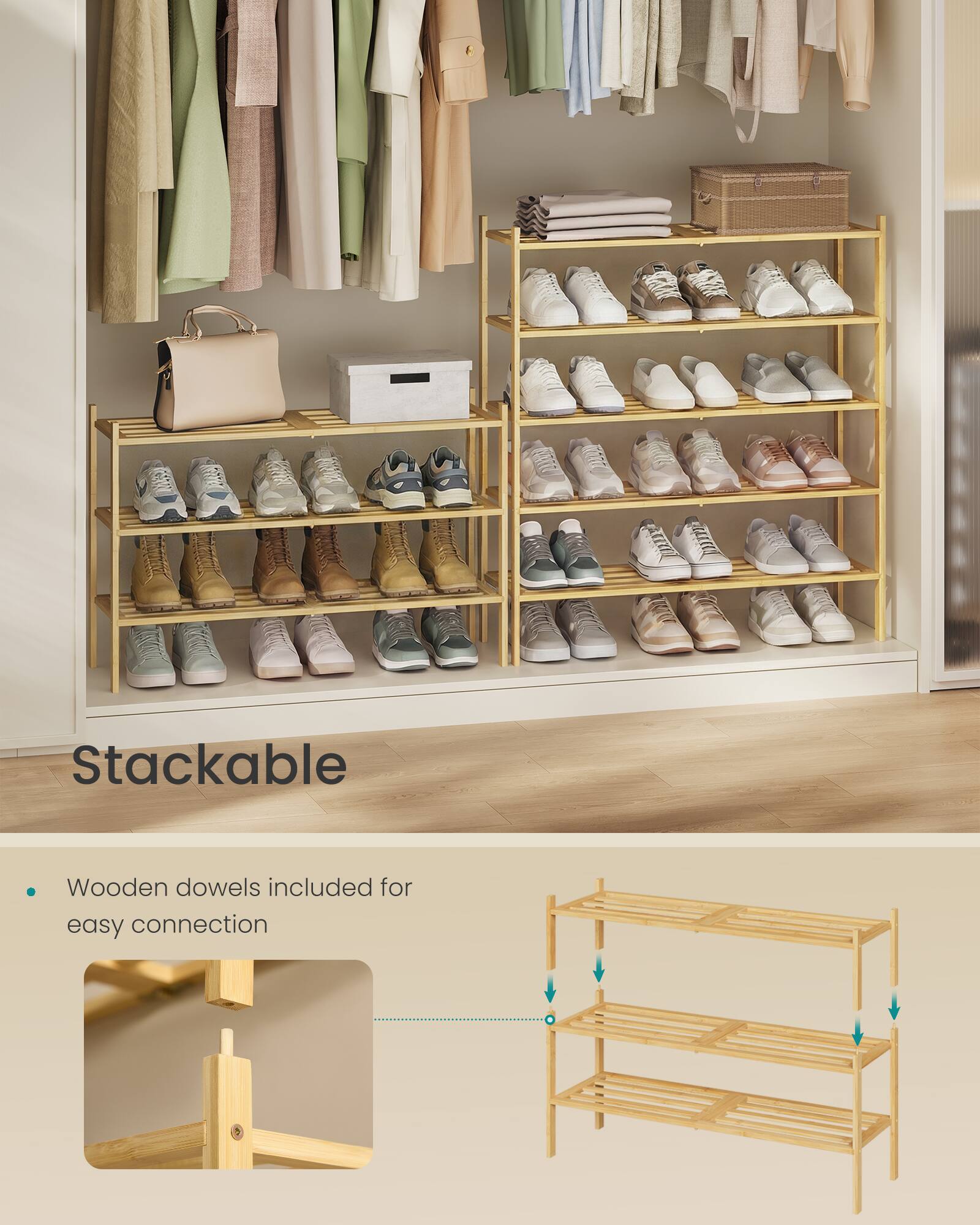 Stackable

Wooden dowels included for easy connection