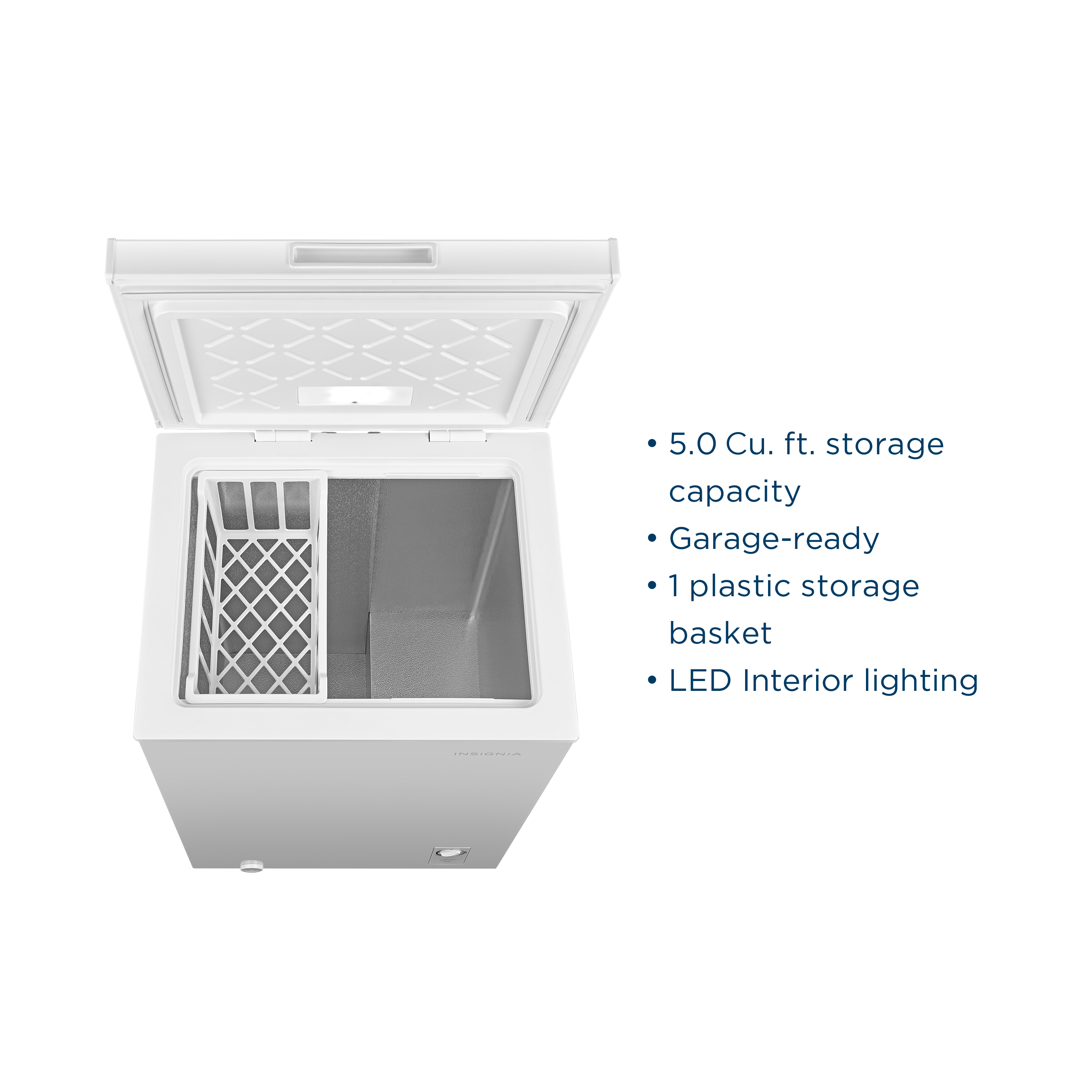 - 5.0 Cu. ft. storage capacity
- Garage-ready
- 1 plastic storage basket
- LED interior lighting