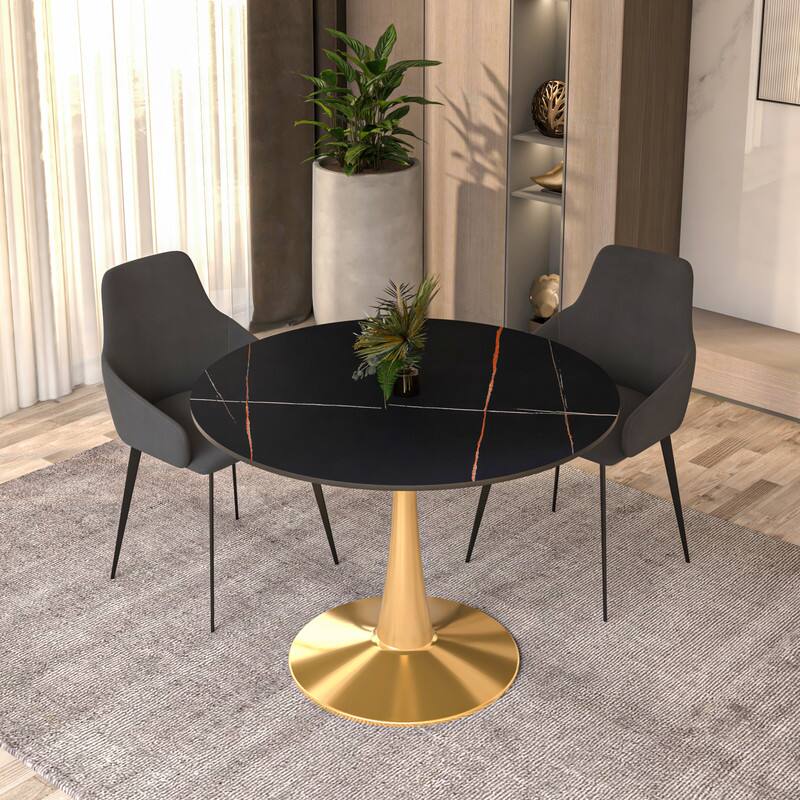Angle. LeisureMod - Bristol 40" Round Modern Dining Table, Sintered Stone/MDF Top - Minimalist Pedestal Base with Floor Protection - Stone - Black.