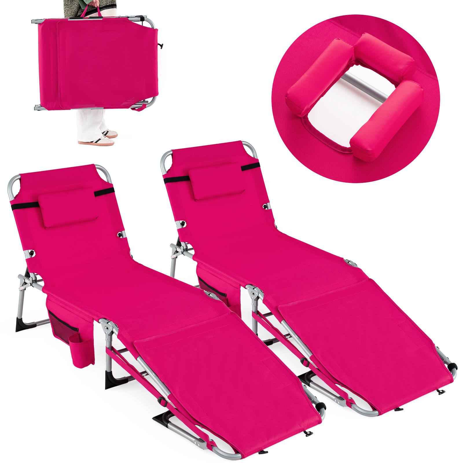 Alt View 8. Gymax - Gymax 2PCS Tanning Chair w/Face Arm Holes 4-Level Backrest & Head Pillow Side Pocket Pink - Multicolor.
