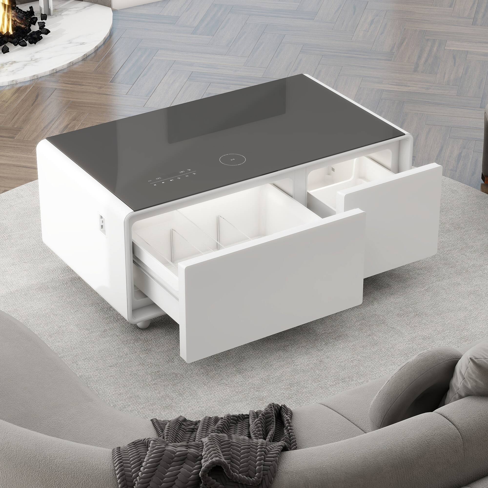 Alt View 1. TinyHomie - Modern Smart Coffee Table Built In Fridge Freezer Bluetooth Wireless Charging Usb White - White.