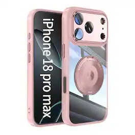 UUCOVER - Magnetic Kickstand Glossy Clear Case for Apple iPhone 18 Pro Max with Tempered Lens Protector Cover and Rotating Ring - Pink
