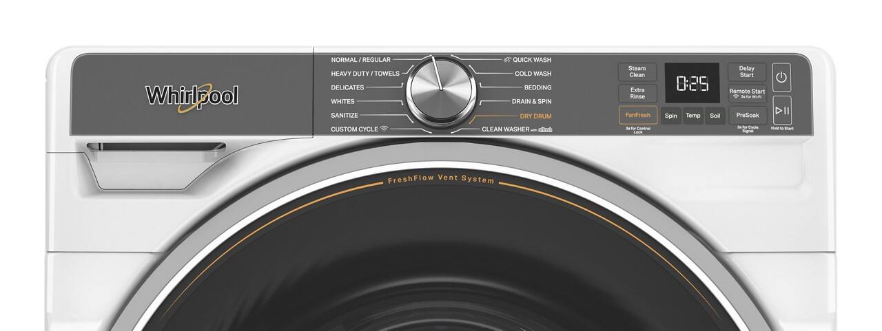 Whirlpool NORMAL / REGULAR HEAVY DUTY /TOWELS DELICATES WHITES SANITIZE QUICK WASH COLD WASH BEDDING DRAIN & SPIN DRY DRUM Steam Clean Extra Rinse FanFresh Delay Start 0:25 Remote Start Spin Temp Soil PreSoak DII CUSTOM CYCLE CLEAN WASHER FreshFlow Vent System