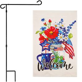 G128 - Combo Garden Flag Stand 36 x 16 in and Double-Sided 12 x 18 in Welcome Patriotic Mason Jar Flag - Multicolor