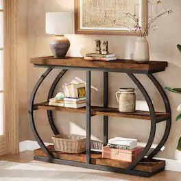 Tribesigns - Console Table with Metal Frame, Storage Shelves, Space-Saving Design and Rectangular Top for Entryway - Brown