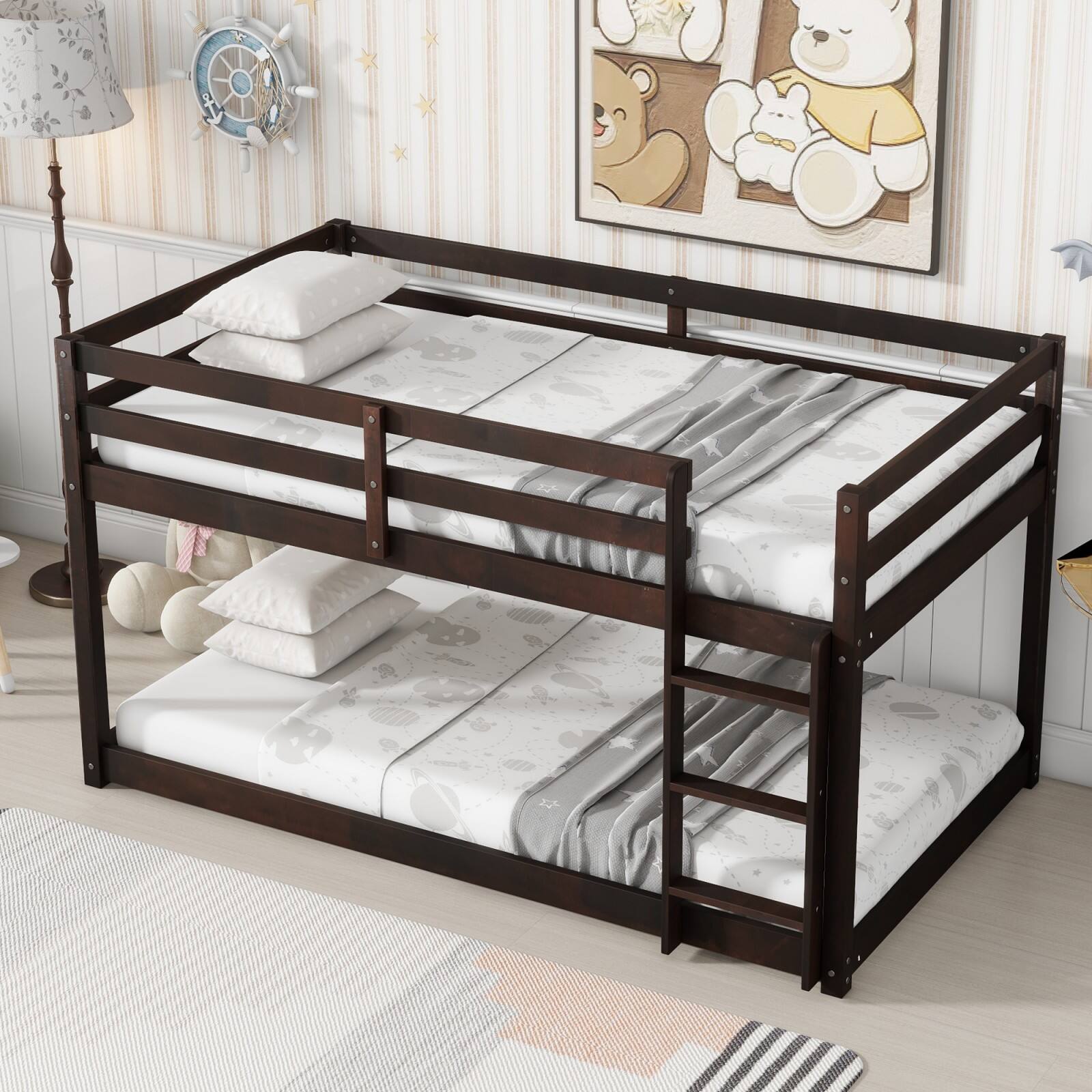 Alt View 3. Ecooso - Solid Wooden, Solid Rubber Wooden Twin over Twin Floor Bunk Bed with Ladder, with Bed Platform of Strengthened Slats - Espresso.