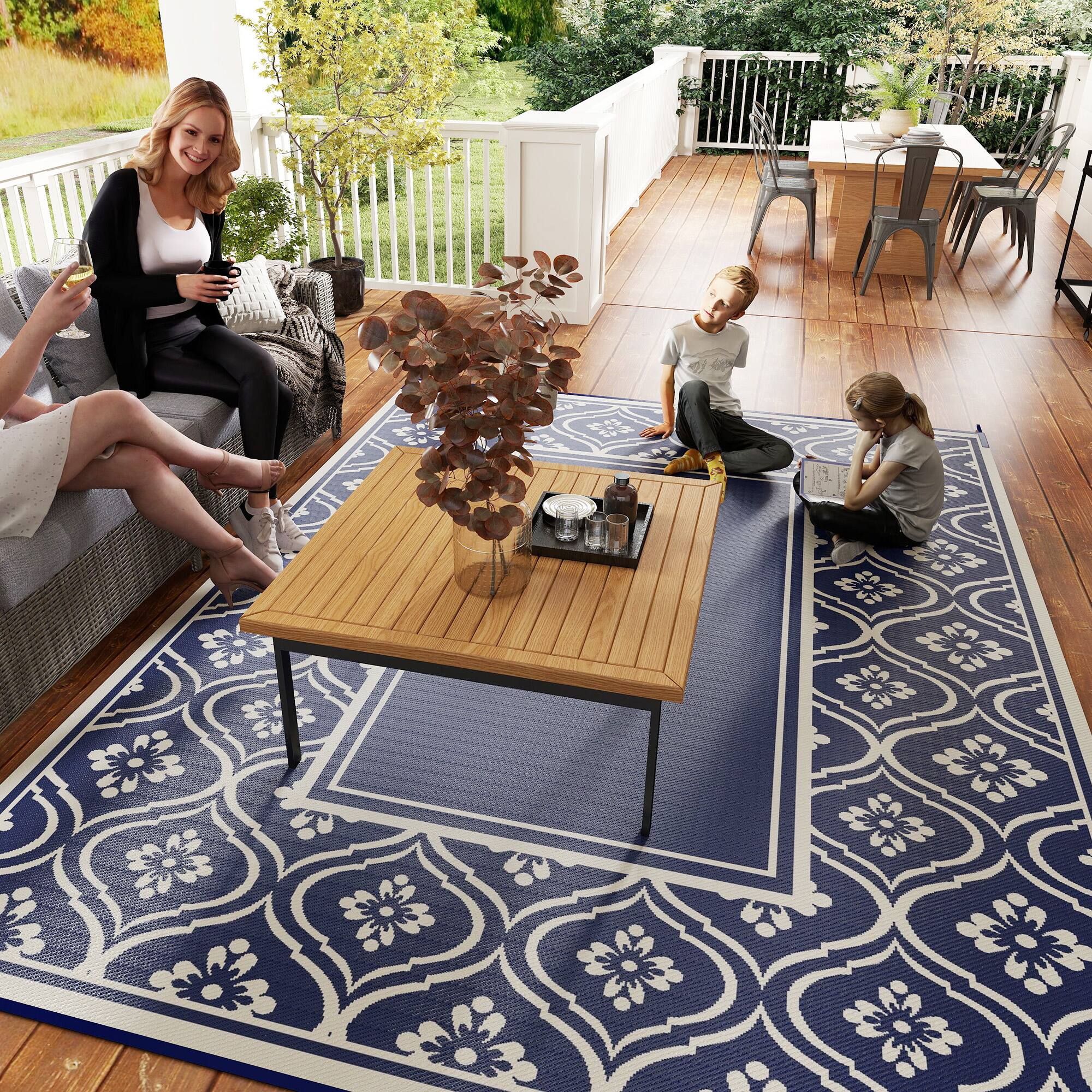 Alt View 8. Outsunny - Outdoor Rug for Patio, 9' x 12' Waterproof Large Mat, Reversible Plastic Straw Rug for Décor - Blue & White Gourd Border.