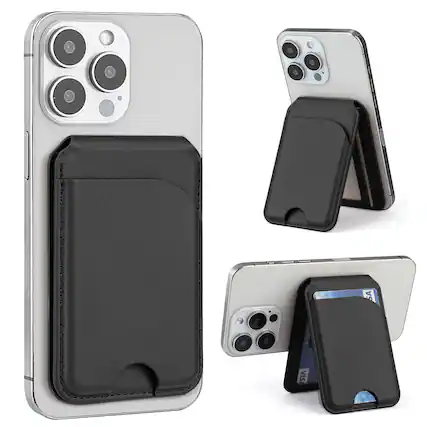 Front. Alpha Digital - Magnetic Leather Wallet - MagSafe, Adjustable Phone Stand, Compatible w/ iPhone 12-17 - Black.
