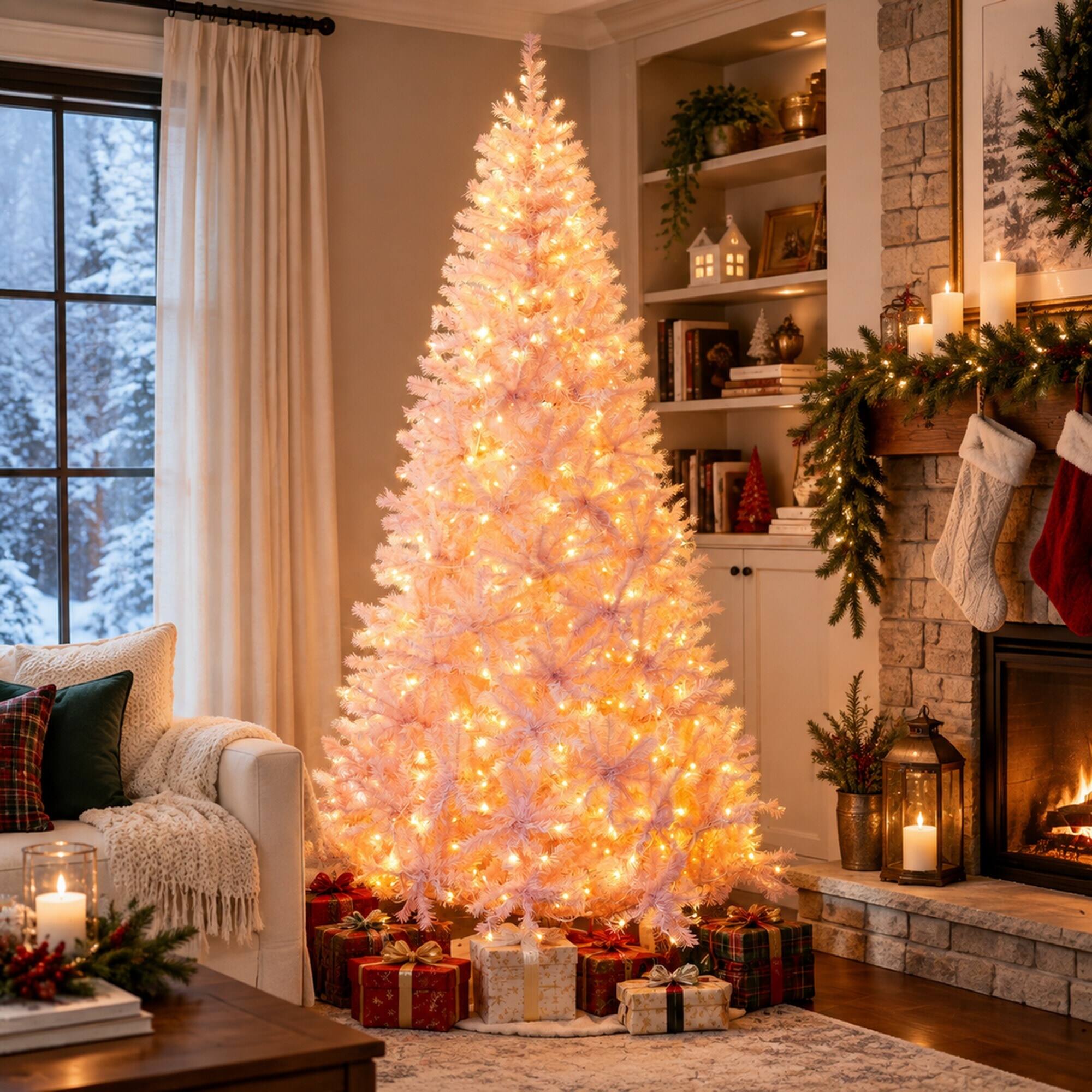 Left. RYHNUYNE - 7.5 Ft Douglas Fir Pink Artificial Christmas Tree With 500 Warm White LED Lights, 1346 Tips Metal Stand Decor - Pink.