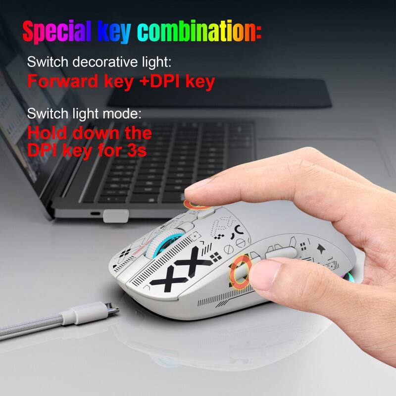 Special key combination:  
Switch decorative light: Forward key + DPI key  
Switch light mode: Hold down the DPI key for 3s