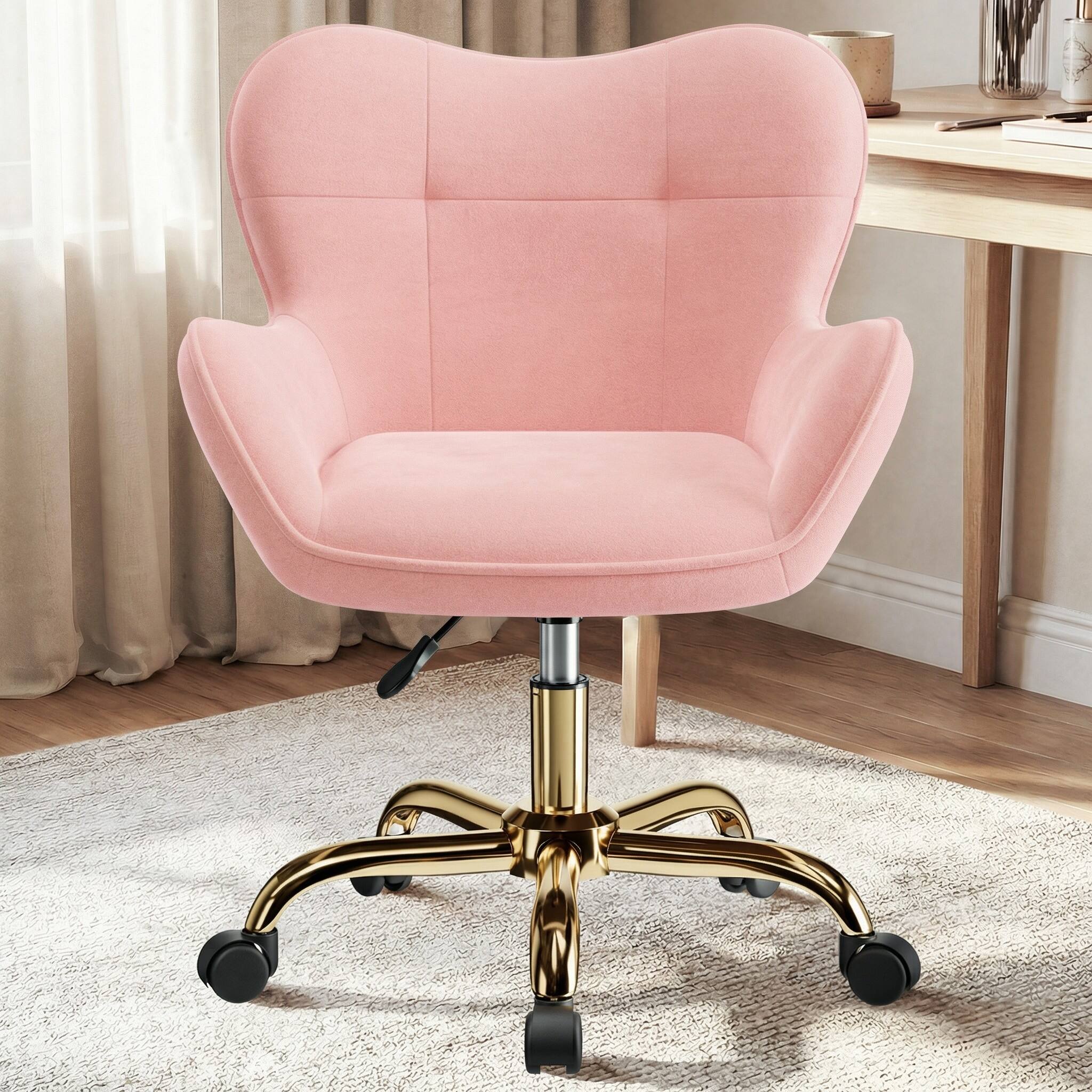 Alt View 4. KERDOM - Flower Vanity Chair with Back & Wheels, Swivel Dresser Chair Home Office Desk Chair for Girls, Fleece Cute Makeup Chair - Pink.