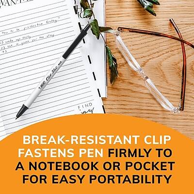 BREAK-RESISTANT CLIP FASTENS PEN FIRMLY TO A NOTEBOOK OR POCKET FOR EASY PORTABILITY