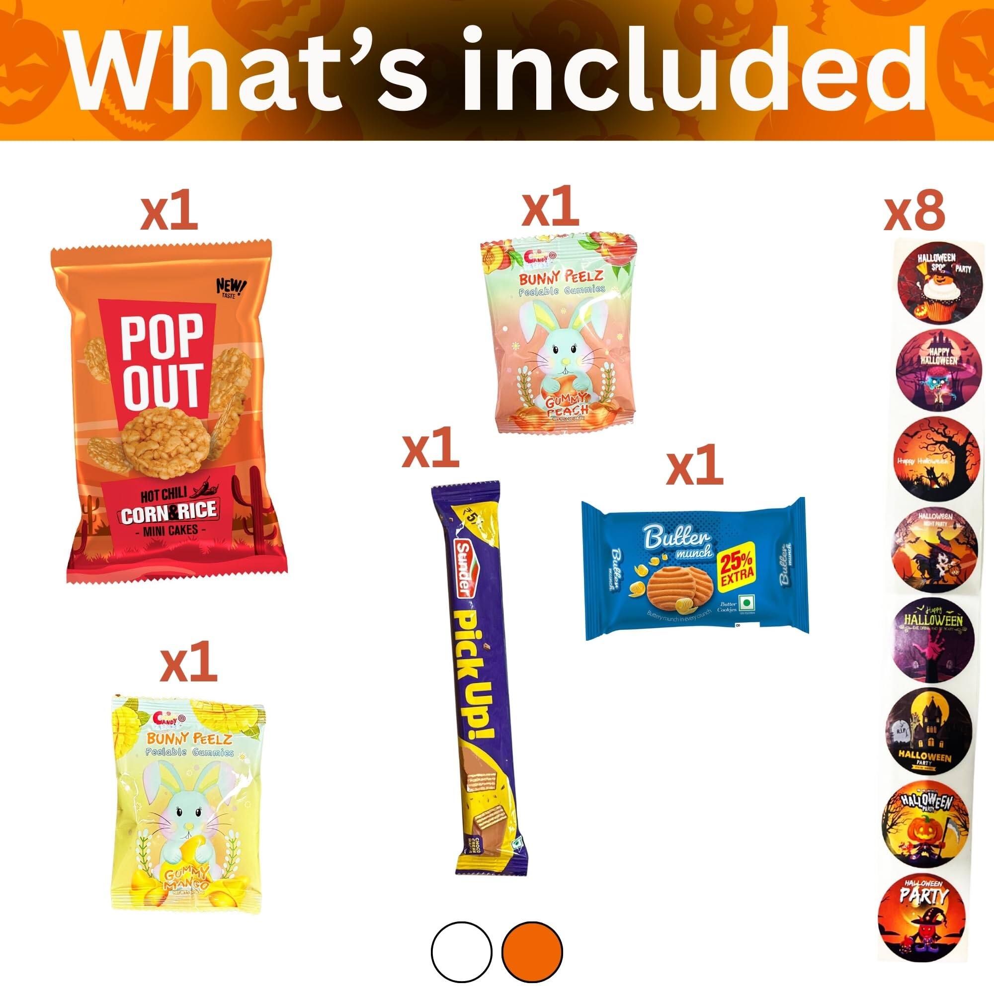 What's included

- x1 NEW! POP OUT HOT CHILI CORN & RICE MINI CAKES
- x1 BUNNY PEELZ GUMBALLS
- x1 BUNNY PEELZ GUMBALLS
- x1 Butter munch 25% EXTRA
- x1 pick Up! EA Culien
- x8 HALLOWEEN PARTY STICKS