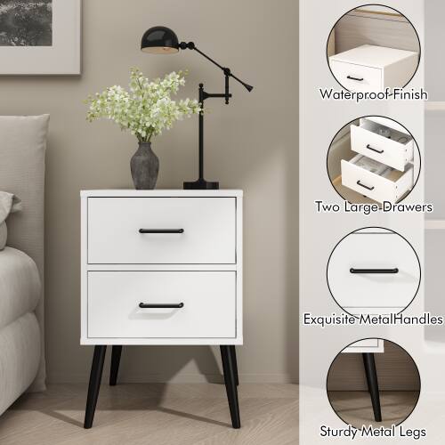Waterproof Finish  
Two Large Drawers  
Exquisite Metal Handles  
Sturdy Metal Legs