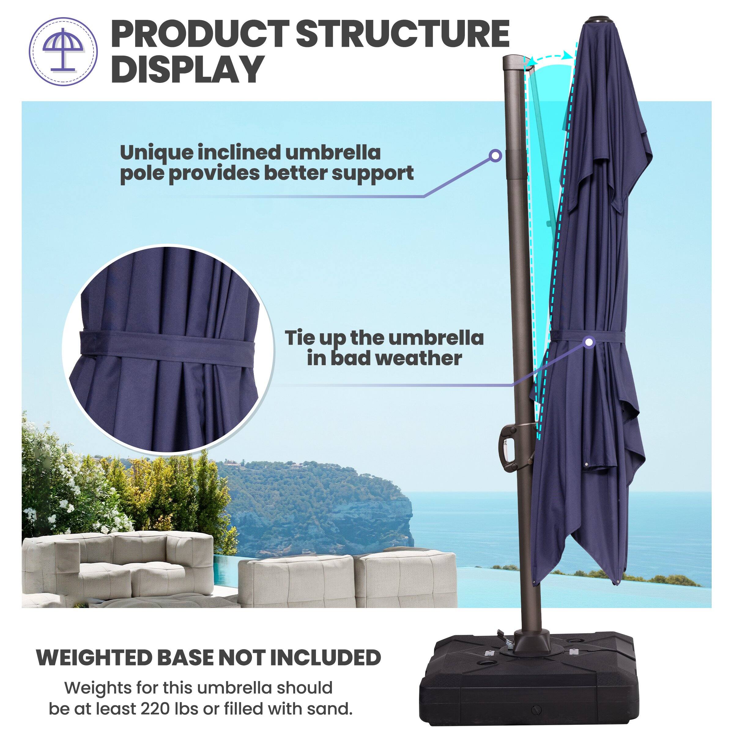 **PRODUCT STRUCTURE DISPLAY**

- Unique inclined umbrella pole provides better support
- Tie up the umbrella in bad weather

**WEIGHTED BASE NOT INCLUDED**

Weights for this umbrella should be at least 220 lbs or filled with sand.