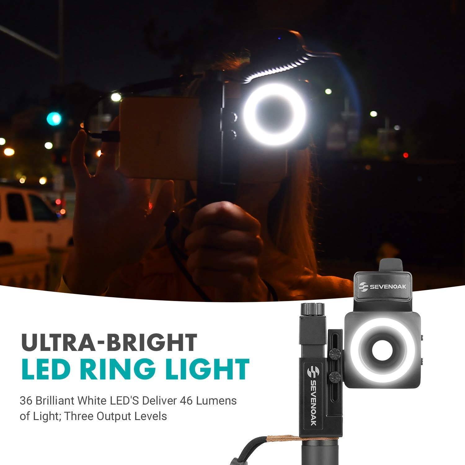 SEVENOAK ULTRA-BRIGHT LED RING LIGHT  
36 Brilliant White LED's Deliver 46 Lumens of Light; Three Output Levels