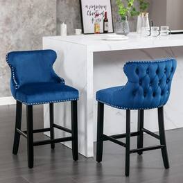 Trinkets Crazed - Contemporary Velvet Upholstered Wing-Back Barstools with Button Tufted Decoration and Wooden Legs - Blue