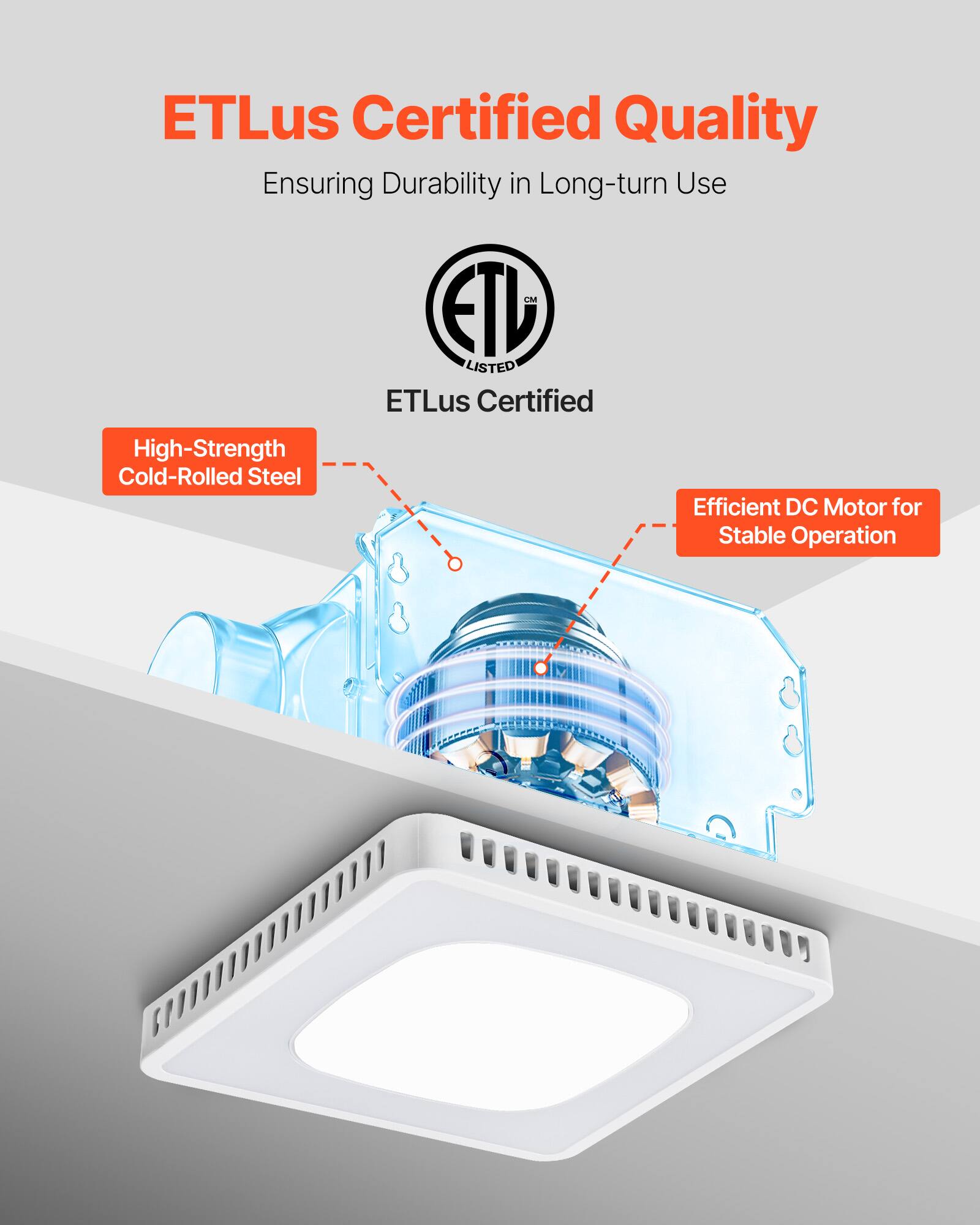 ETLus Certified Quality  
Ensuring Durability in Long-term Use  

ETLus Certified  

High-Strength Cold-Rolled Steel  

Efficient DC Motor for Stable Operation