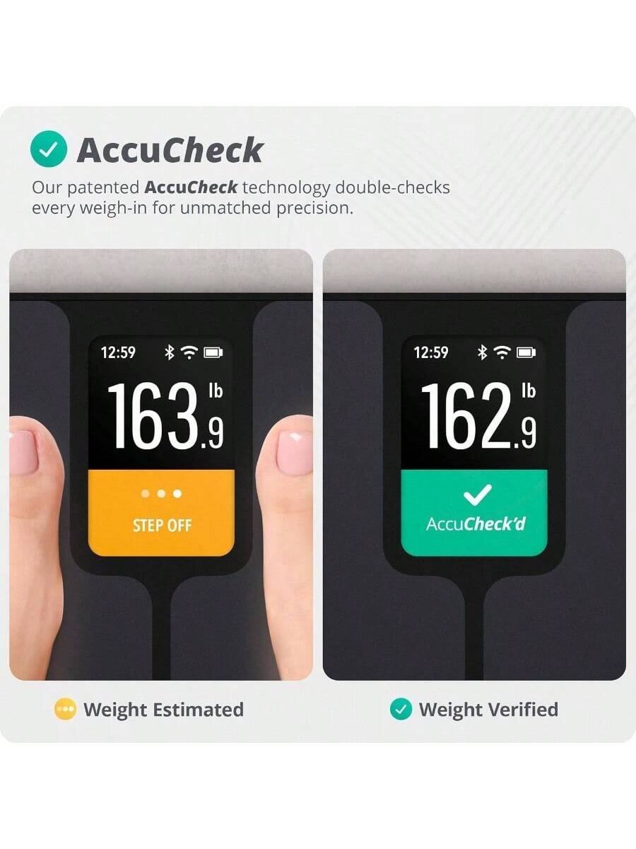 AccuCheck  
Our patented AccuCheck technology double-checks every weigh-in for unmatched precision.

12:59 lb 163.9  
STEP OFF  
Weight Estimated

12:59 lb 162.9  
AccuCheck'd  
Weight Verified