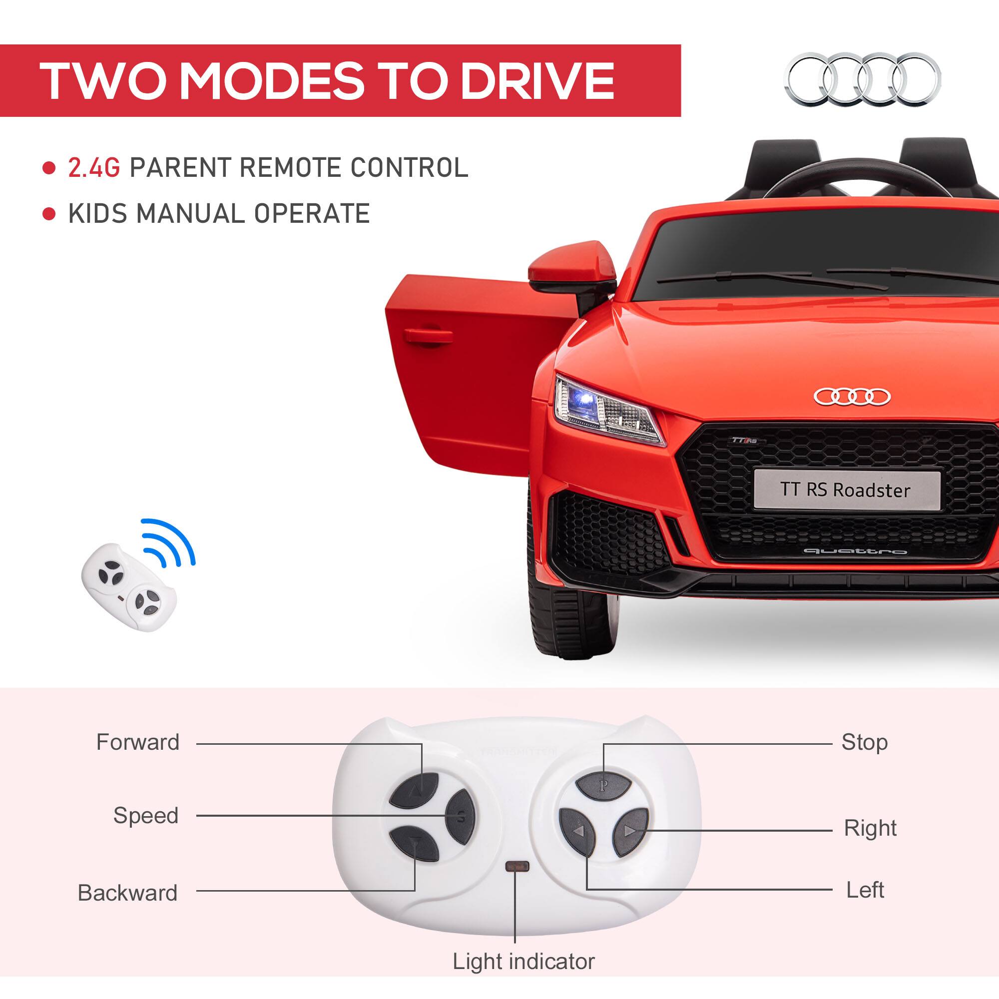 TWO MODES TO DRIVE

- 2.4G PARENT REMOTE CONTROL
- KIDS MANUAL OPERATE

TT RS Roadster

Forward
Speed
Backward
Stop
Right
Left
Light indicator