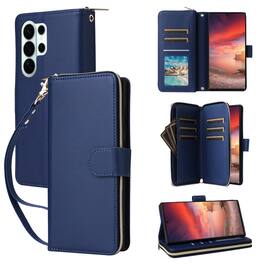 Dteck - Crossbody Wallet Case for Samsung Galaxy S26 Ultra, Shockproof Zipper Pocket PU Leather Folio Cover with 9 Card Slots - Blue