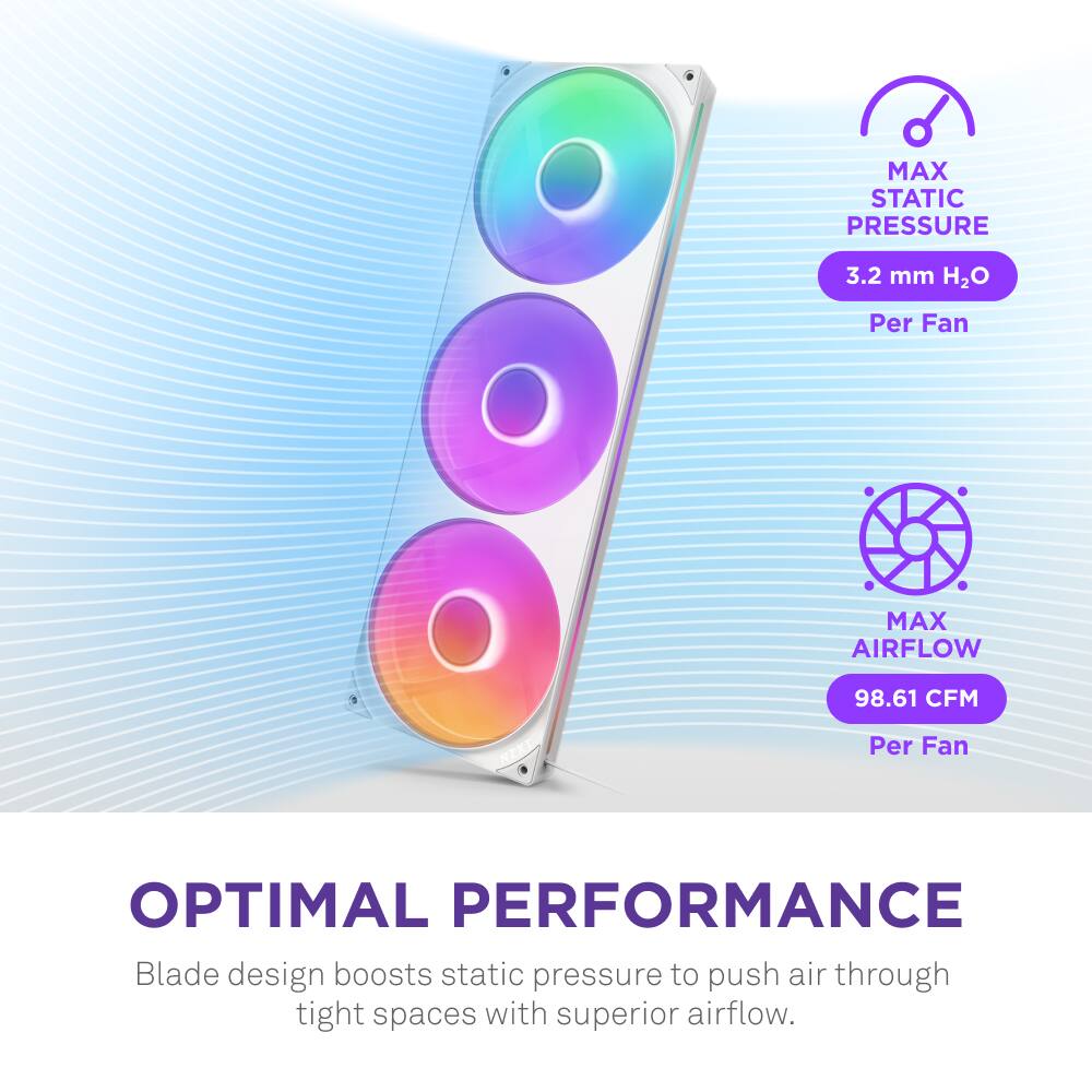 The text on the image is grouped and corrected as follows:

"Optimal Performance: Blade design boosts static pressure to push air through tight spaces with superior airflow."