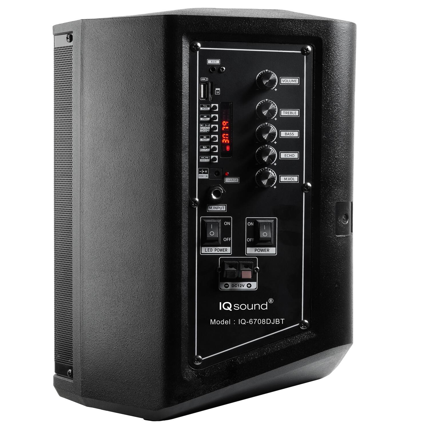 Sure, here is the corrected and grouped text from the image:

---

**IQ sound®**

**Model: IQ-6708DJBT**

**Controls:**

- **VOLUME**
- **TREBLE**
- **BASS**
- **ECHO**
- **M VOL**

**Inputs:**

- **MIC INPUT**
- **LINE INPUT**

**Power:**

- **POWER** (ON/OFF)
- **DC12V**

**Other:**

- **LED**
- **CHARGER**

**Additional Features:**

- **ALARM**
- **FM**
- **USB**
- **SD**
- **AUX**
- **LINE OUT**
- **LINE IN**
- **MIC LEVEL**
- **MIC GAIN**
- **MIC LEVEL**
- **MIC GAIN**
- **LINE LEVEL**
- **LINE GAIN**
- **LINE LEVEL**
- **LINE GAIN**
- **LINE LEVEL**
- **LINE GAIN**
- **LINE LEVEL**
- **LINE GAIN**
- **LINE LEVEL**
- **LINE GAIN**
- **LINE LEVEL**
- **LINE GAIN**
- **LINE LEVEL**
- **LINE GAIN**
- **LINE LEVEL**
- **LINE GAIN**
-