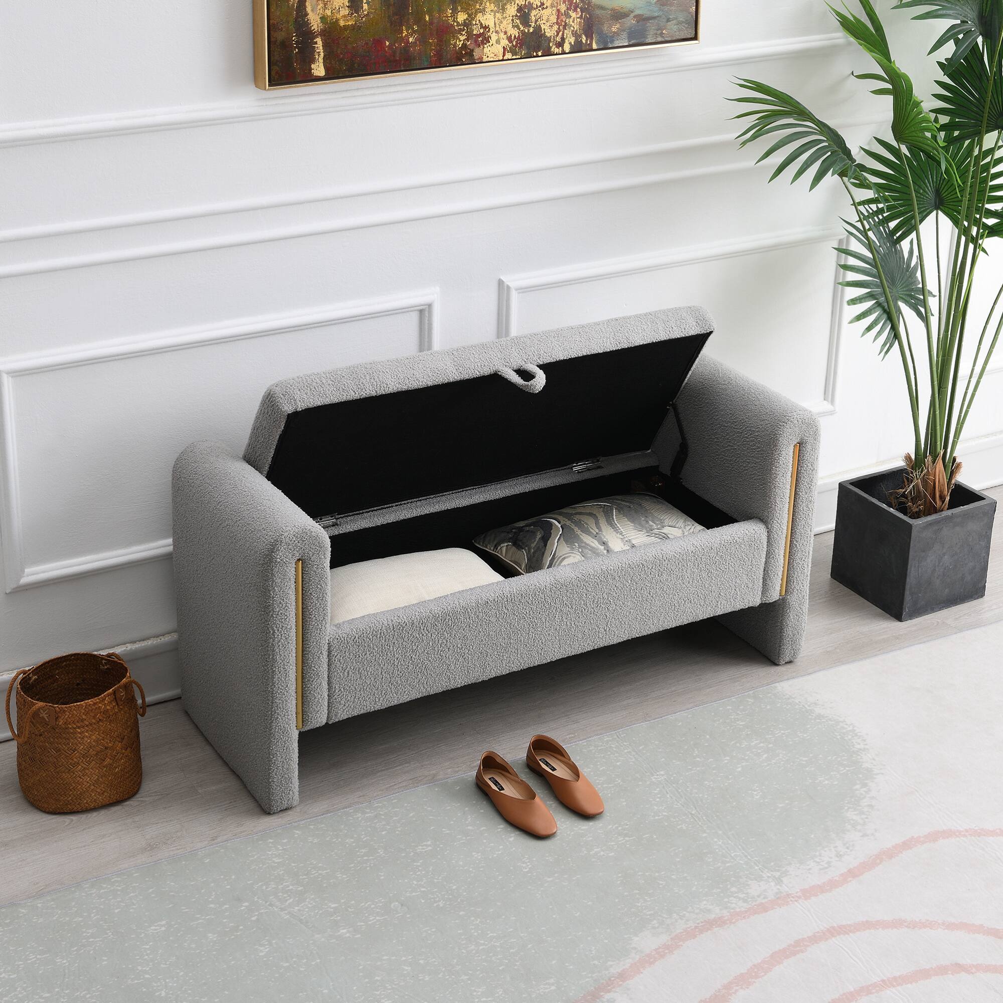Left. GOODSILO - Modern Upholstered Storage Bench with Arms, Large Foot Rest Stool for Living Room and Bedroom - Grey.