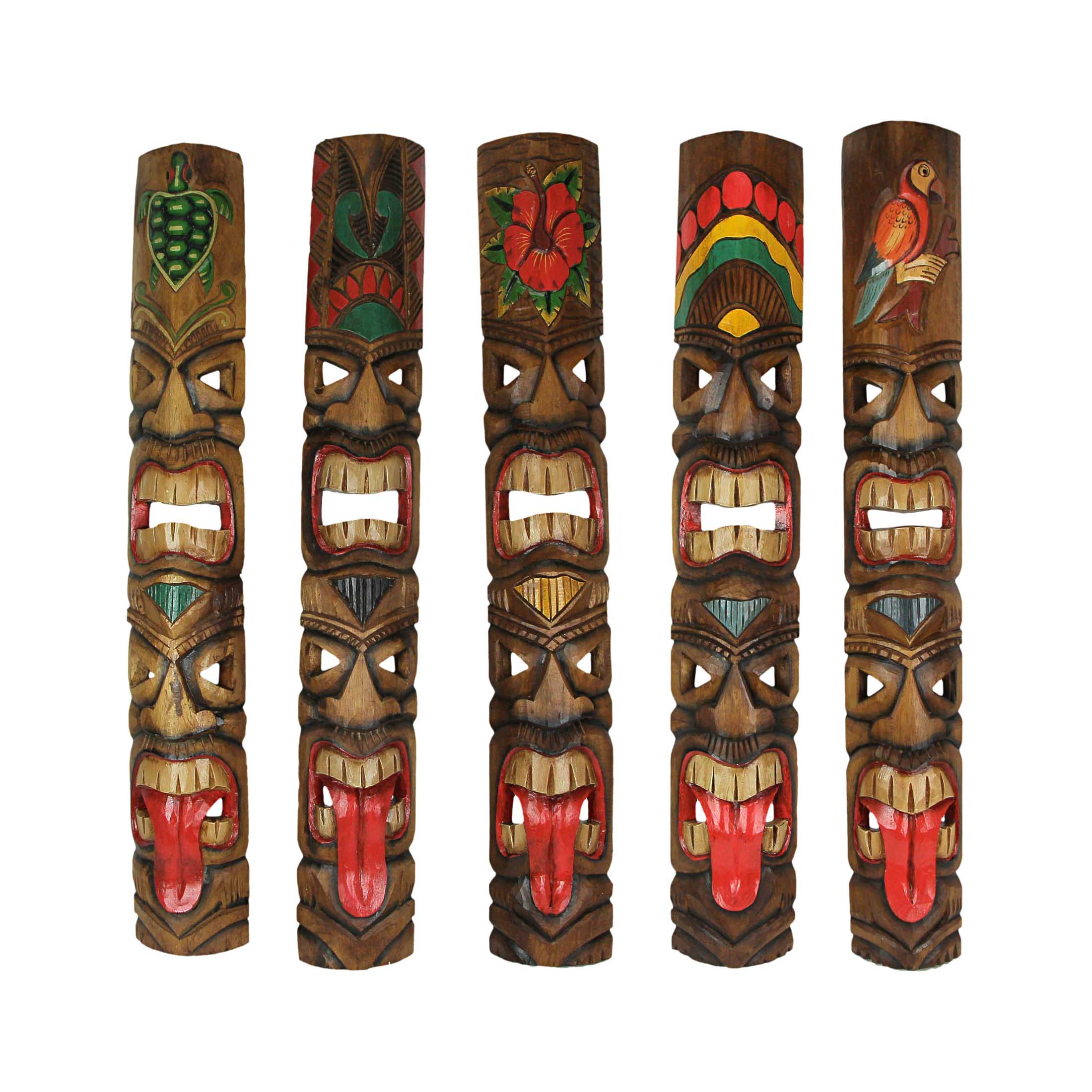 Front. Zeckos - Set of 5 Double Tiki Mask Totem Wall Decor Hand Carved Tribal Sculpture 40 Inch - Multicolored.