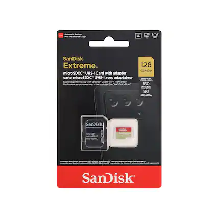 Automatic Backup - with the SanDisk App
SanDisk Extreme
128 GB* microSDXC UHS-I Card with adapter
carte microSDXC UHS-I avec adaptateur
Extreme performance with SanDisk QuickFlow Technology
Performances extrêmes avec la technologie SanDisk QuickFlow
160 MB/s
90 MB/s
Compatible with SanDisk Professional PRO-READER SD and microSD
Compatible avec SanDisk Professional PRO-READER SD et microSDXC
SanDisk