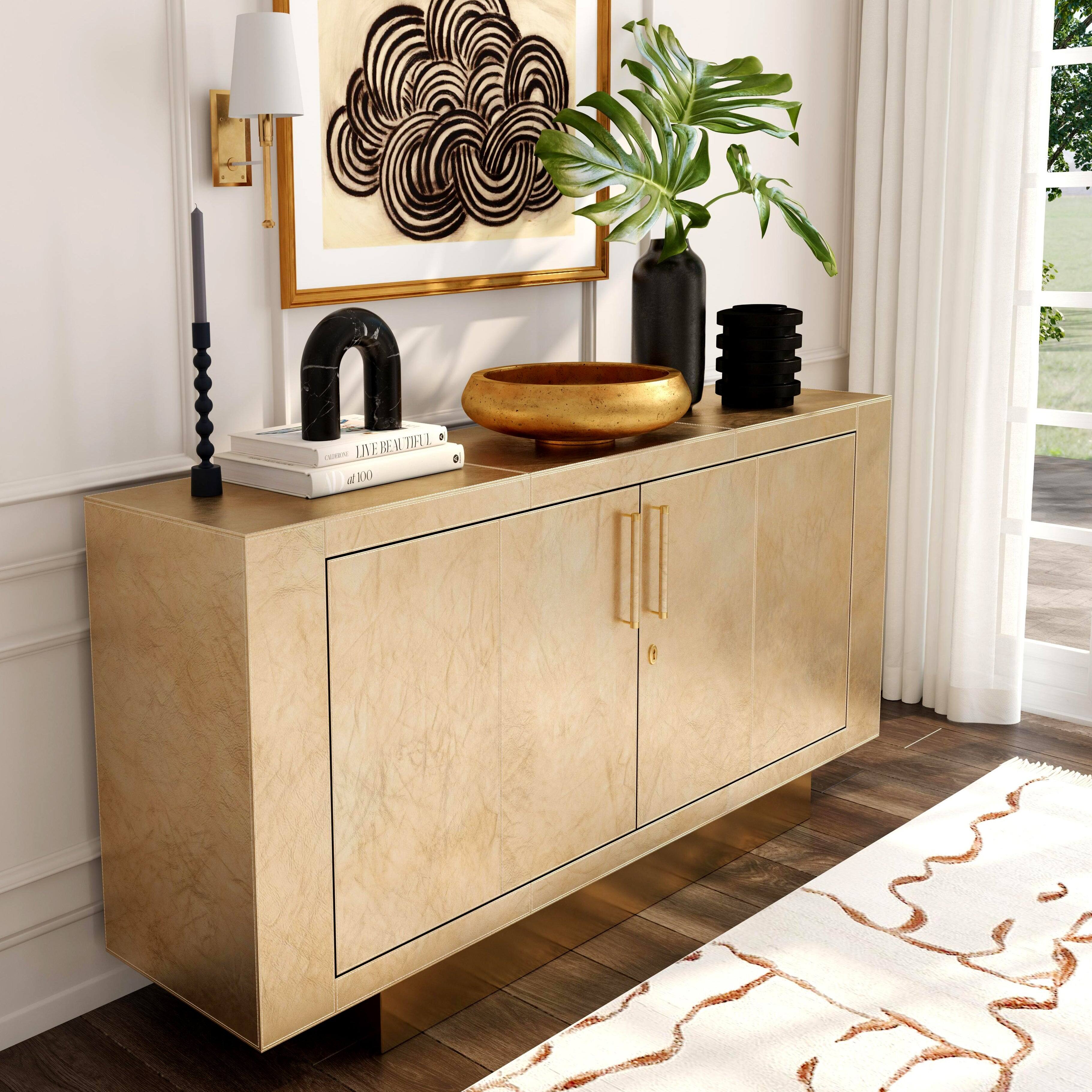 Alt View 2. Butler Specialty - Francois 70.5 in. W Rectangular Leather Wrapped 1 Drawer 2 Door Buffet/Sideboard - Gold.