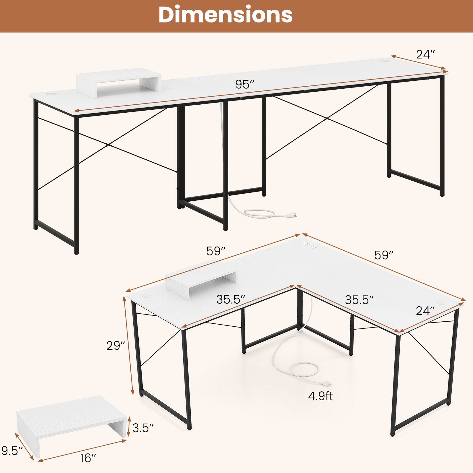 Dimensions: 95", 59", 35.5", 24", 29", 4.9ft, 3.5", 9.5", 16"