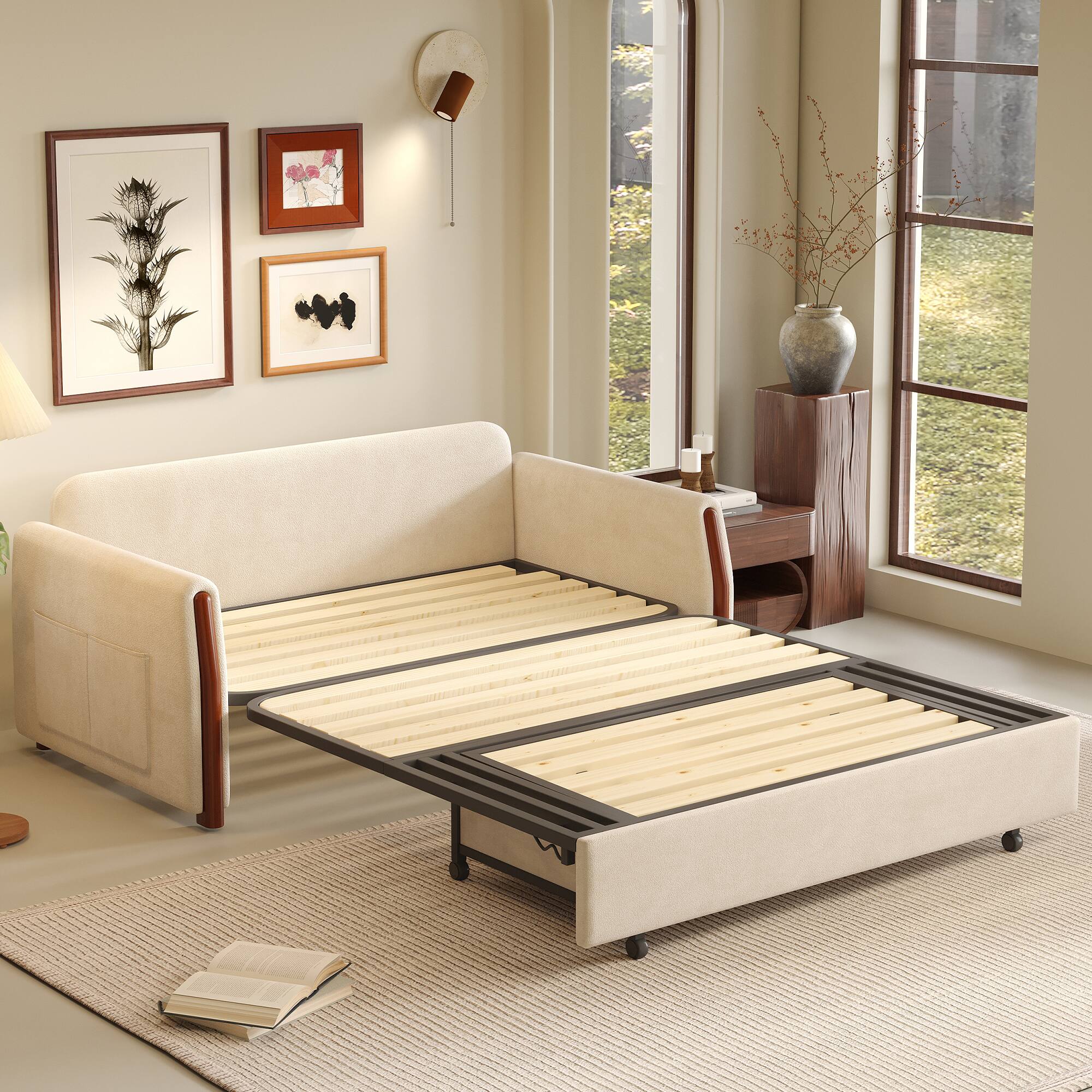 Alt View 1. luck idea - Beige 2 Seater Pull Out Sofa Bed with Storage, Wooden Arm Convertible Loveseat Sleeper Couch for Small Space - white.