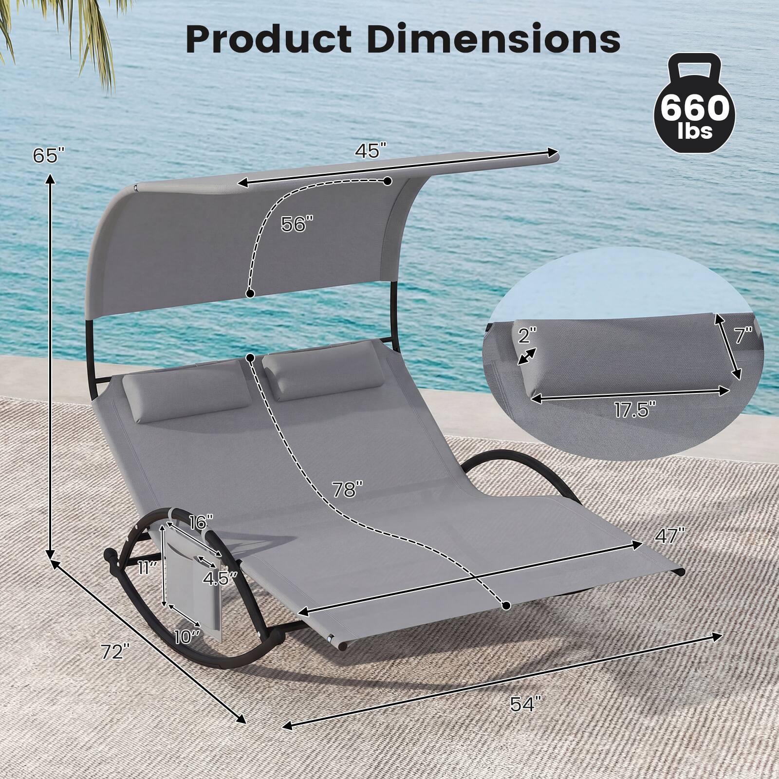 Product Dimensions

65"  
45"  
660 lbs  
56"  
2"  

17.5'  
16"  
78"  
47"  
11"  
4.5%  
72"  
10"  
54"