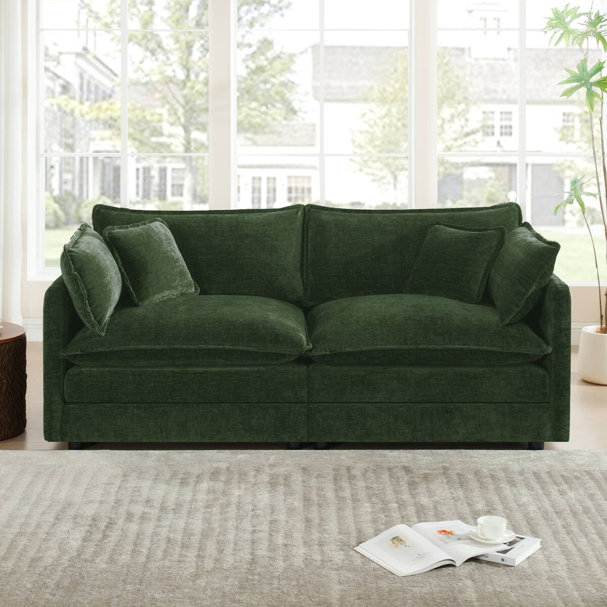 Angle. Ropilly - Ropilly Green Chenille Loveseat Sofa, Deep Seat Two Seat Couch with Four Pillows - Green.