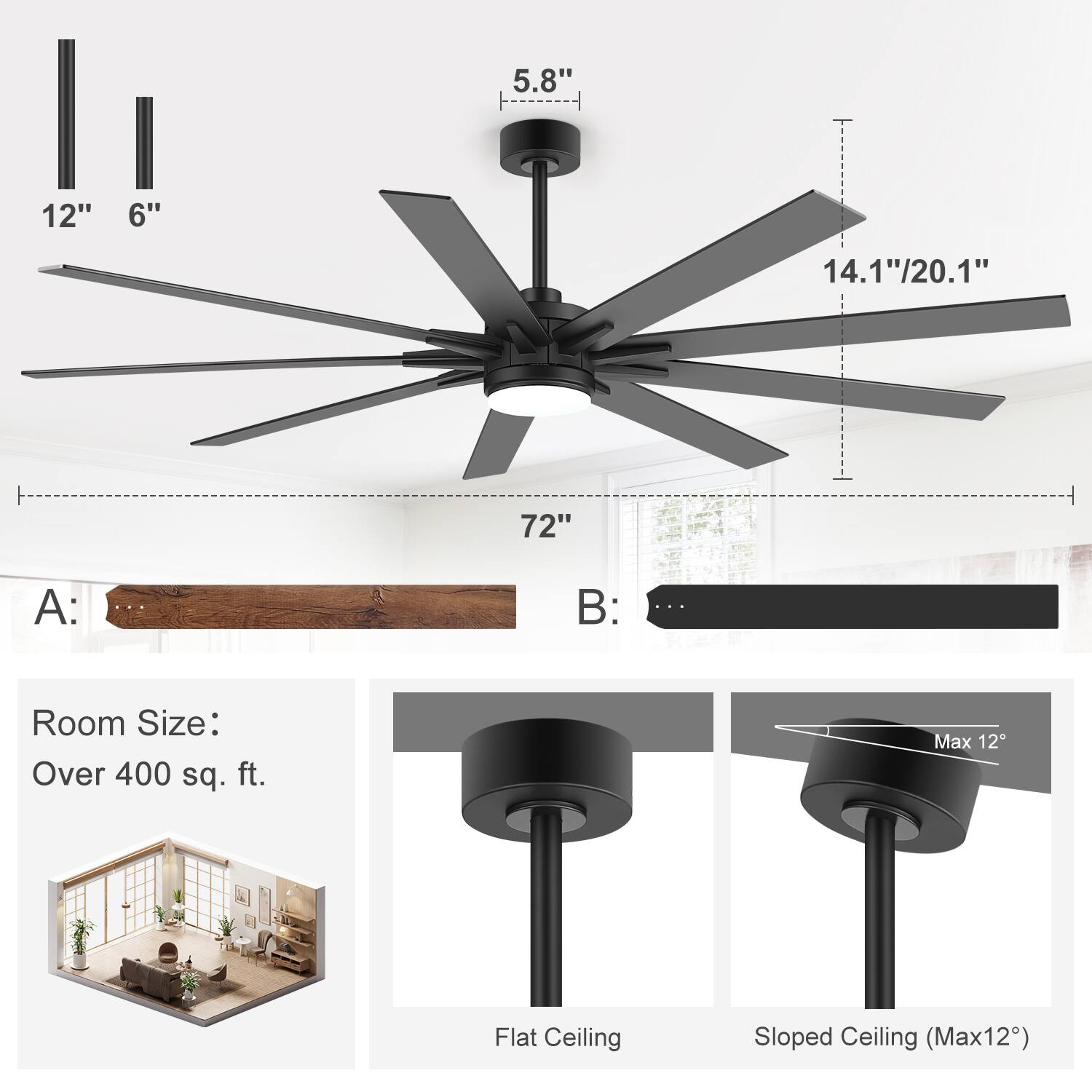 5.8" 12" 6" 14.1"/20.1" 72"  
A:  
B:  
Room Size: Over 400 sq. ft.  
Flat Ceiling  
Sloped Ceiling (Max 12°)