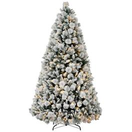 PULUZ - 7.5 ft Prelit Flocked Artificial Christmas Tree with 500 Clear Lights, 1530 Tips, Metal Stand for Home Office Holiday - Green
