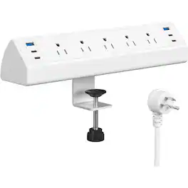 PARKER SLATER - Desk Clamp Power Strip with 40W Fast Charging, 4 PD USB-C Ports, 5 Outlets, Fits 1.96" Desk Edge – - White