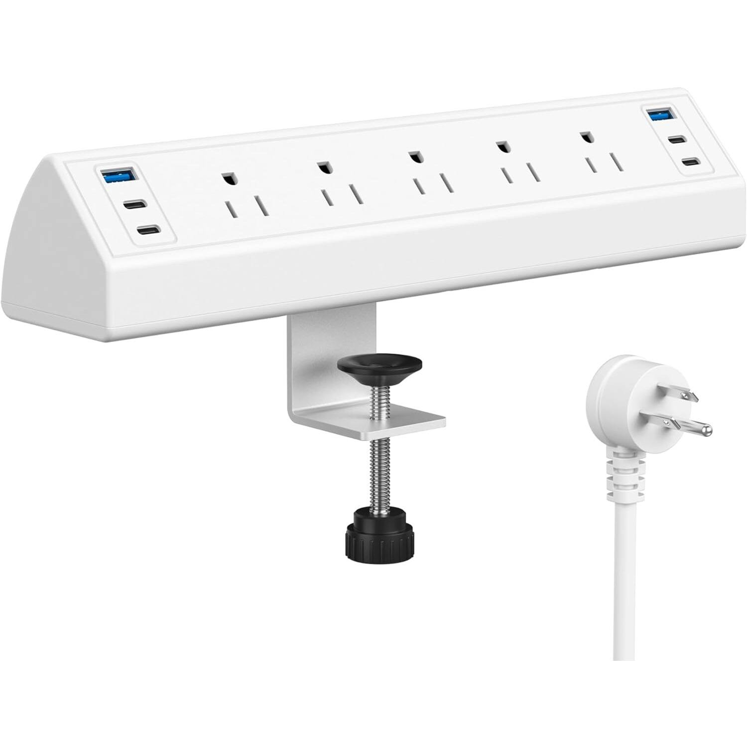 PARKER SLATER - Desk Clamp Power Strip with 40W Fast Charging, 4 PD USB-C Ports, 5 Outlets, Fits 1.96" Desk Edge – - White