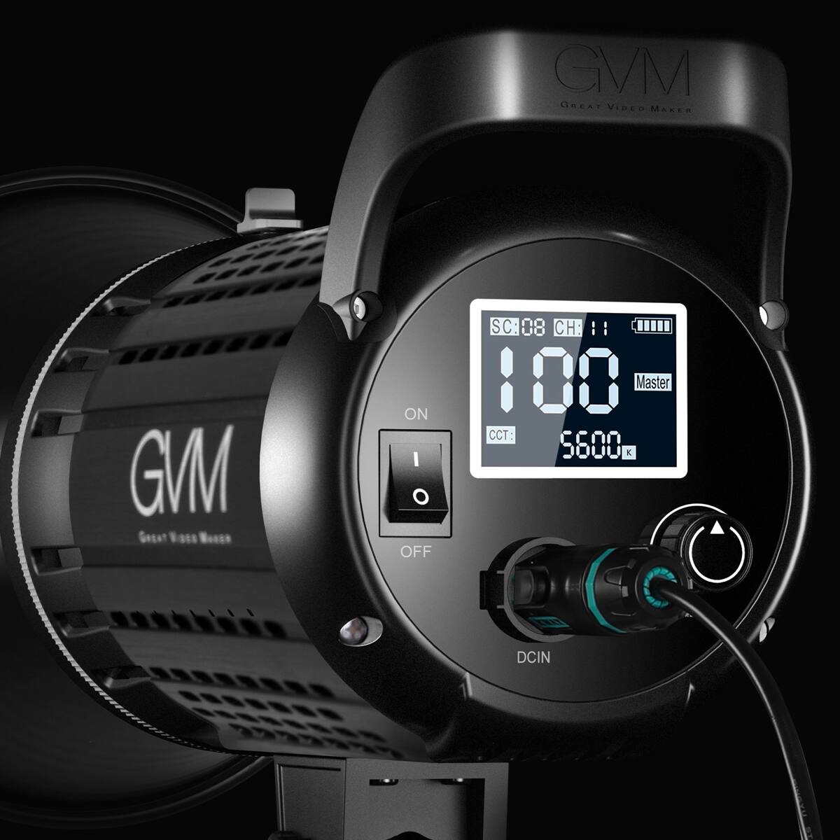 GVM GREAT VIDEO MAKER  
GVM  
Gesa Eoss Bosce  
ON I O OFF  
SC: 08  
CH: :: : ..  
100  
Master  
CCT: 5600 K  
DCIN